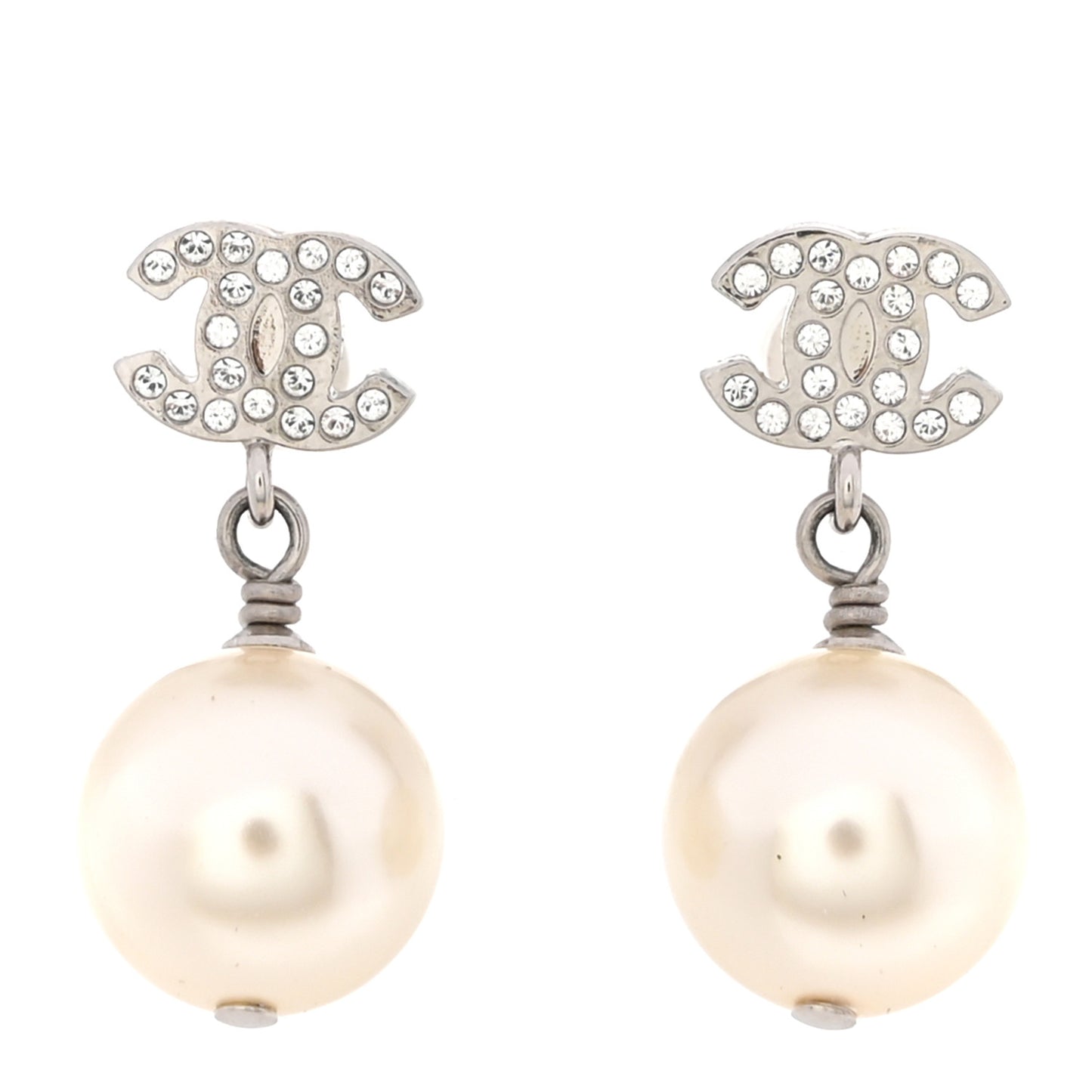 Crystal Pearl CC Drop Earrings Silver Pearly White