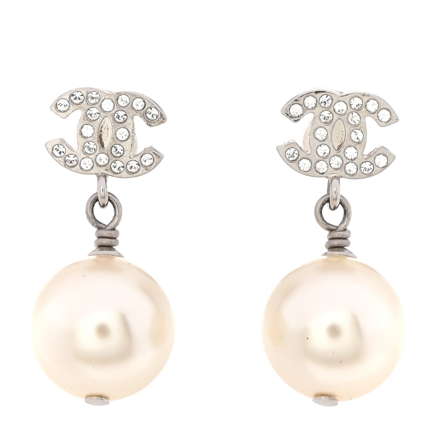 Chanel Crystal Pearl CC Drop Earrings Silver Pearly White 1 of 5