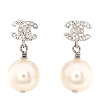 Chanel Crystal Pearl CC Drop Earrings Silver Pearly White 1 of 5