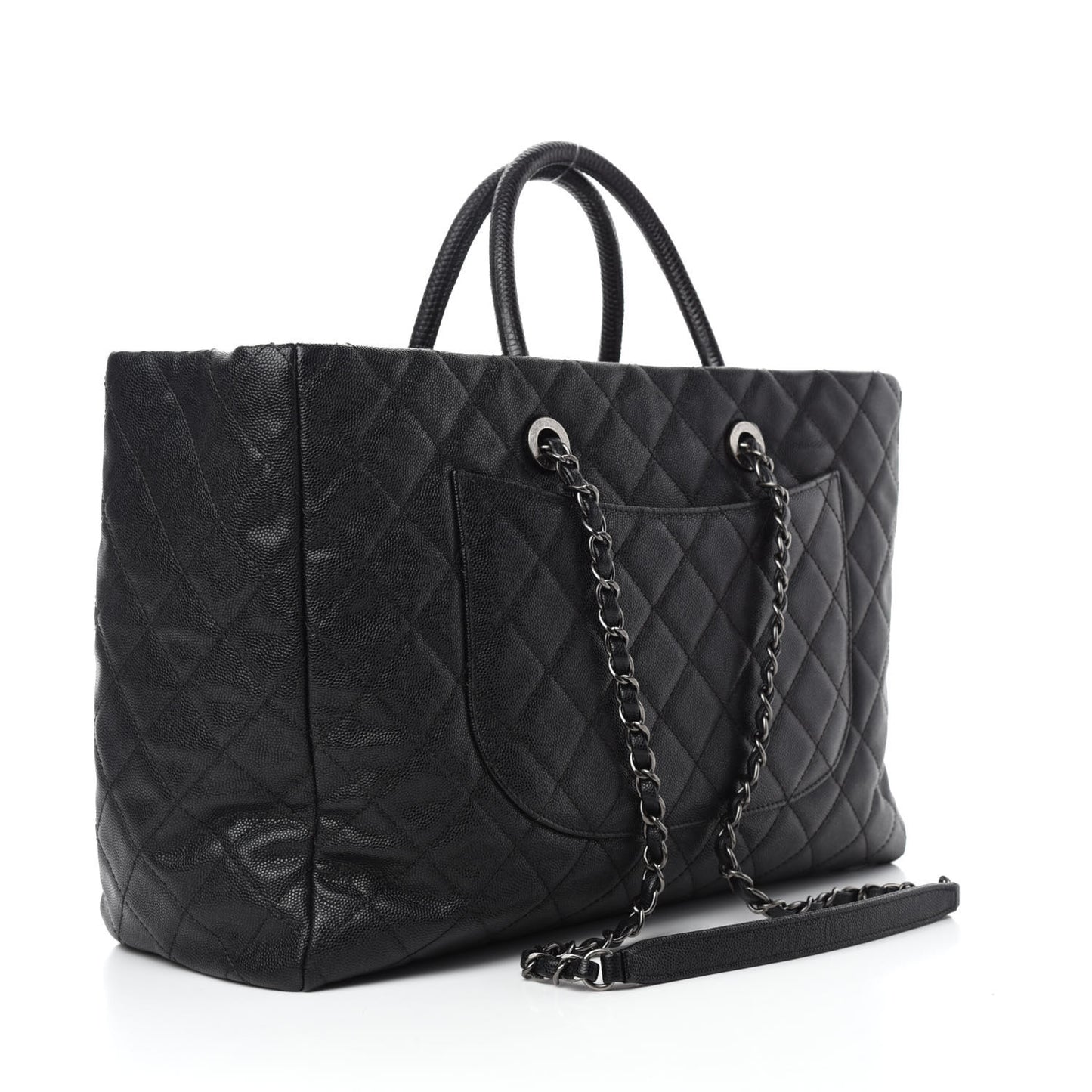 Caviar Quilted Large Coco Handle Shopping Tote Black