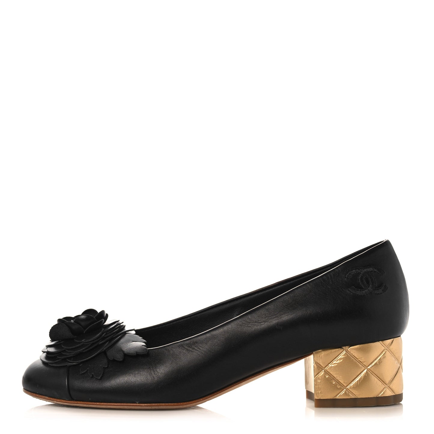 Calfskin Pearl Camellia Pumps 36 Black Gold