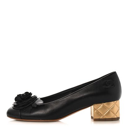 Chanel Calfskin Pearl Camellia Pumps 36 Black Gold 1 of 14