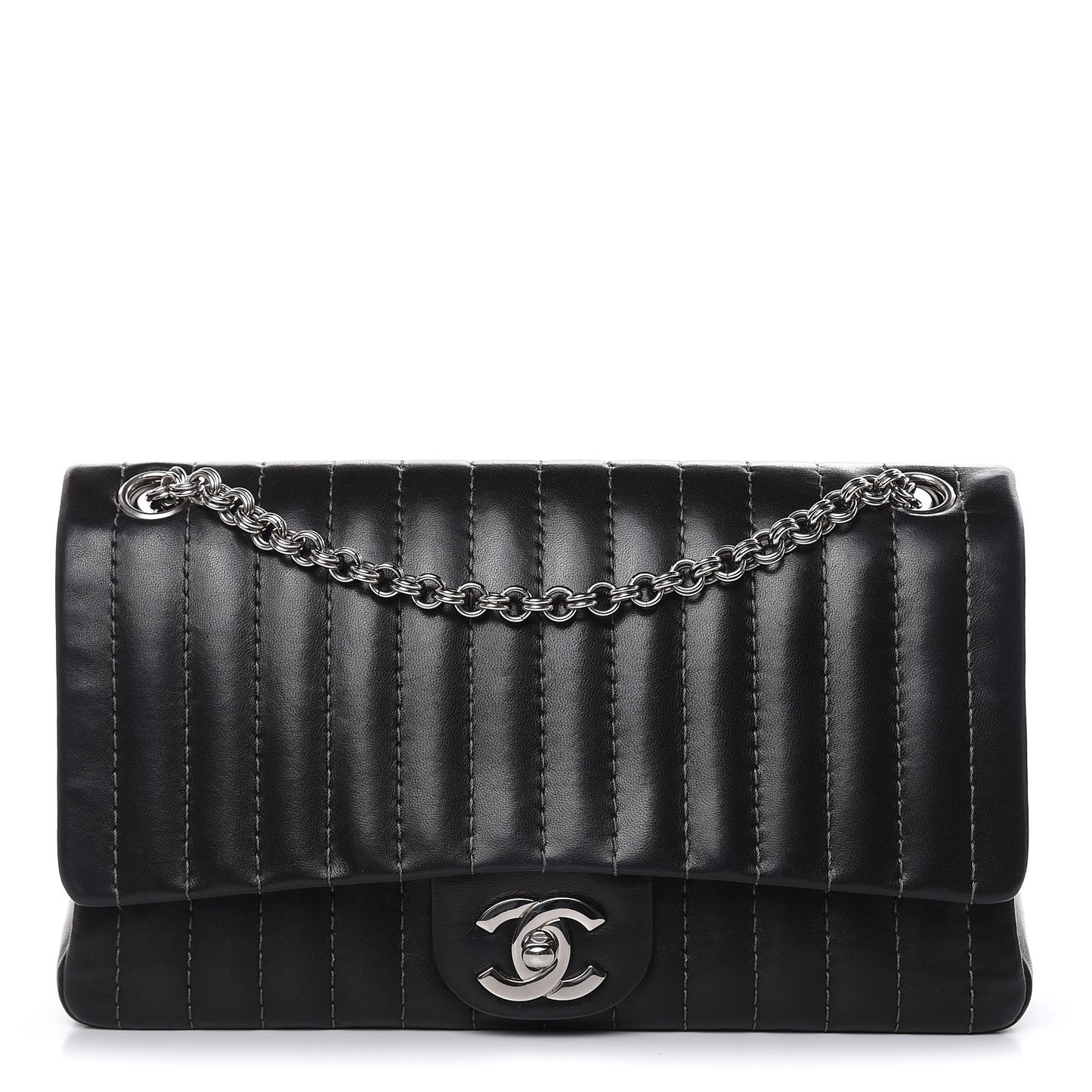 Lambskin Vertical Quilted Medium Single Flap Black