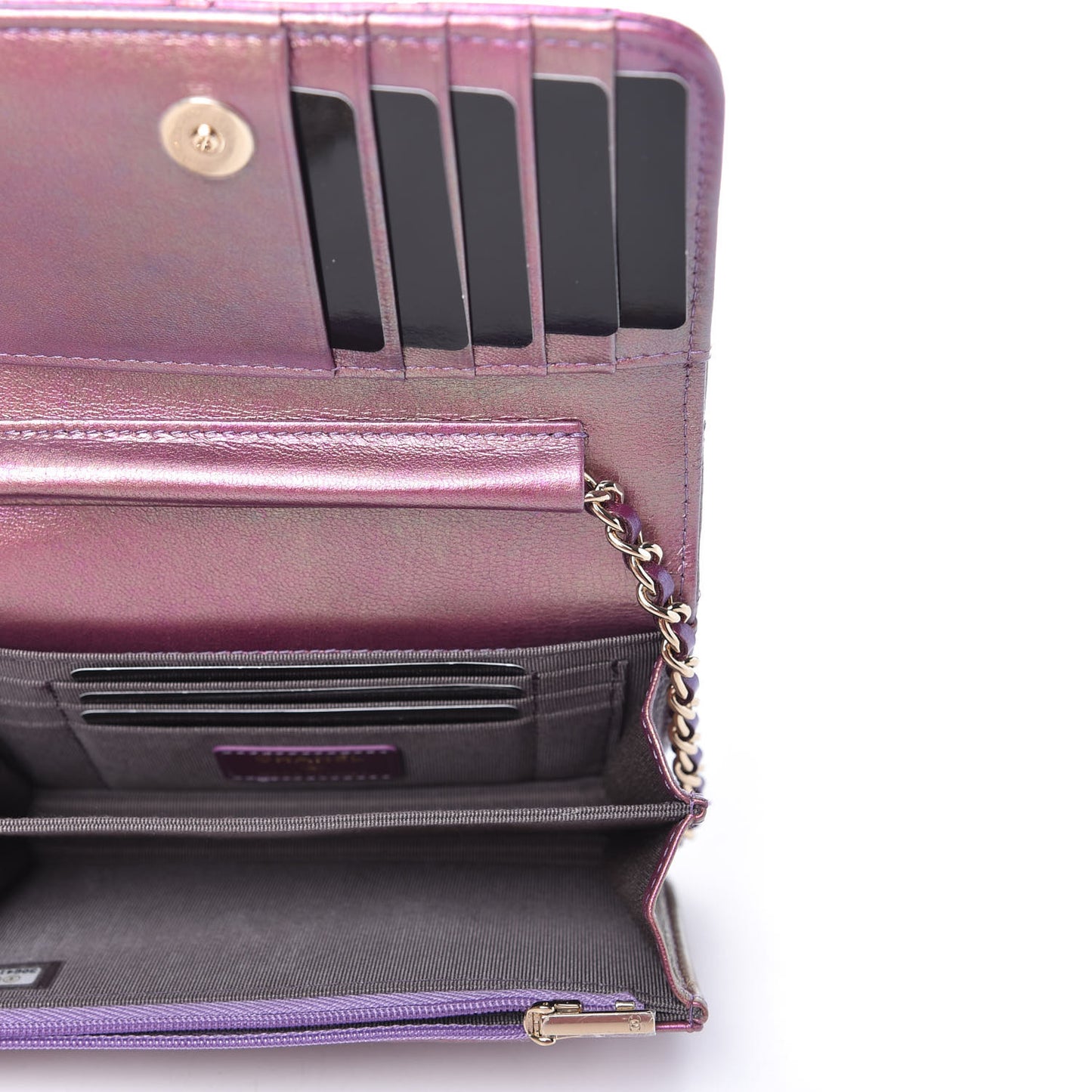 Iridescent Lambskin Quilted Mini Wallet On Chain WOC Purple