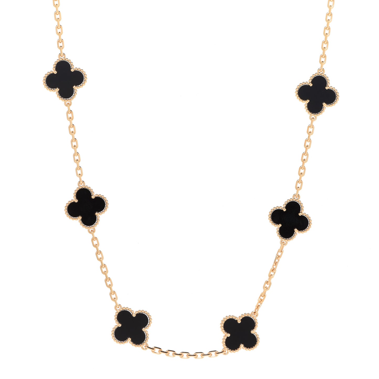 18K Yellow Gold Black Onyx 10 Motifs Vintage Alhambra Necklace