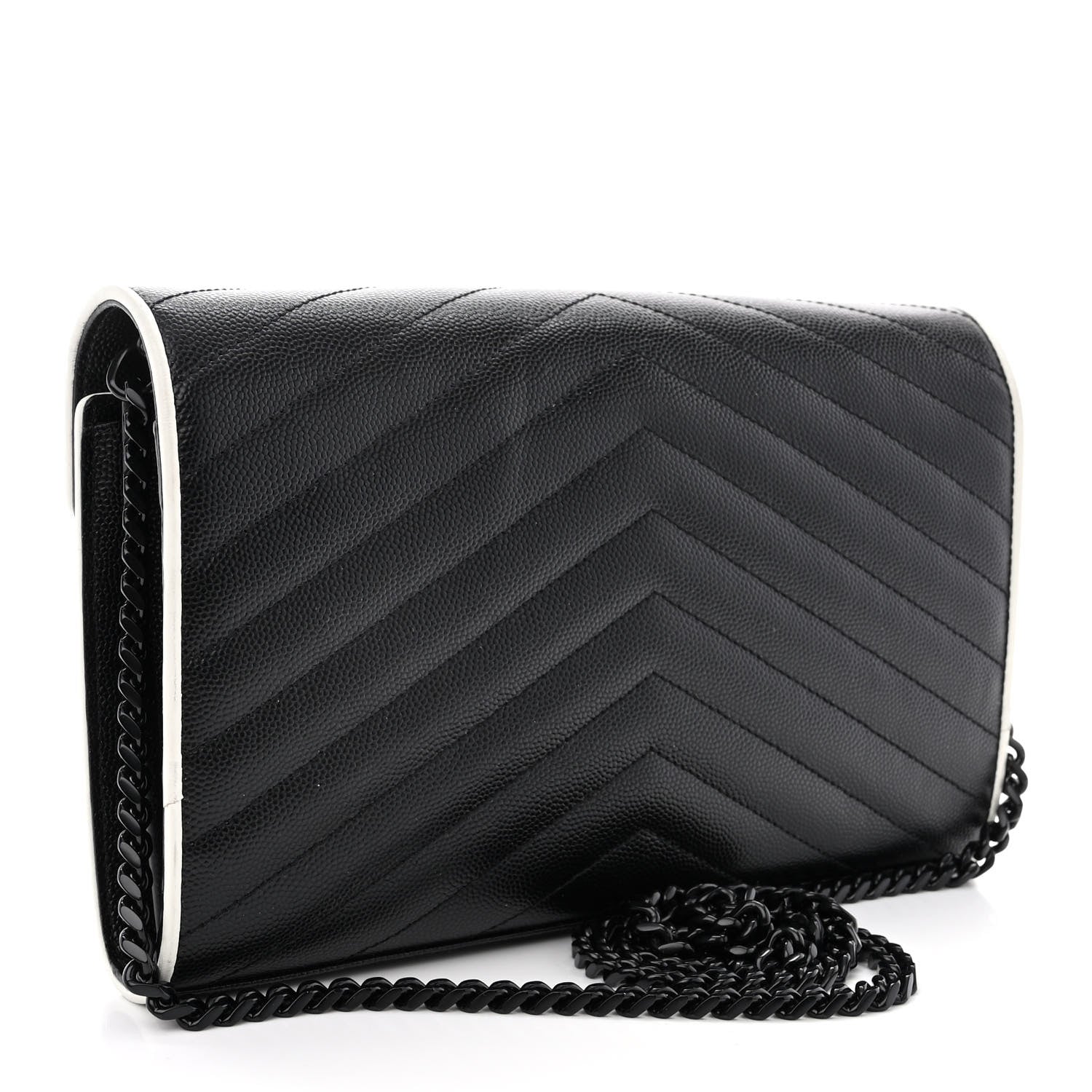 Saint Laurent Grain De Poudre Matelasse Chevron Monogram Chain Wallet Black White 3 of 9