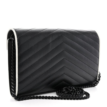 Saint Laurent Grain De Poudre Matelasse Chevron Monogram Chain Wallet Black White 3 of 9