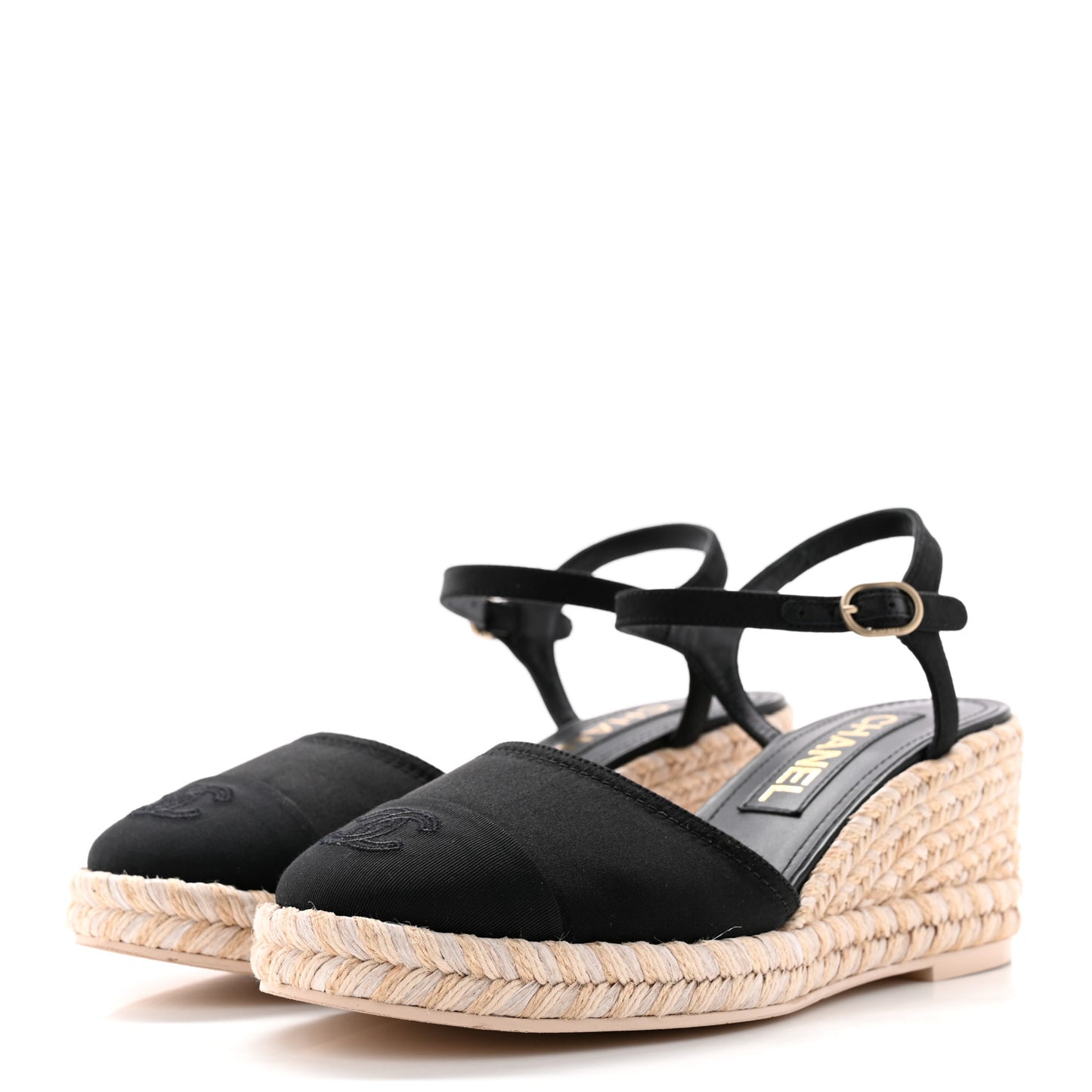 Satin Grosgrain CC Espadrilles Wedges 37 Black