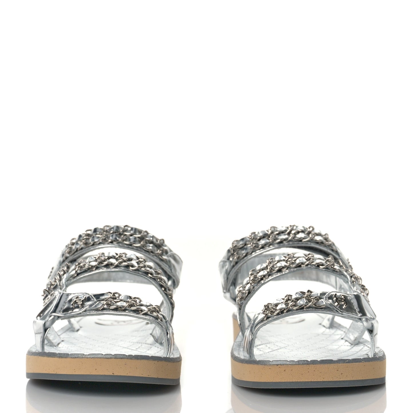Metallic Laminated Goatskin Chain Flat Sandals 38 Silver