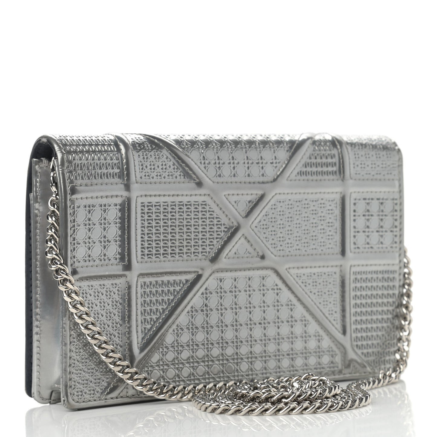 Metallic Patent Micro-Cannage Diorama Wallet on Chain Pouch Silver