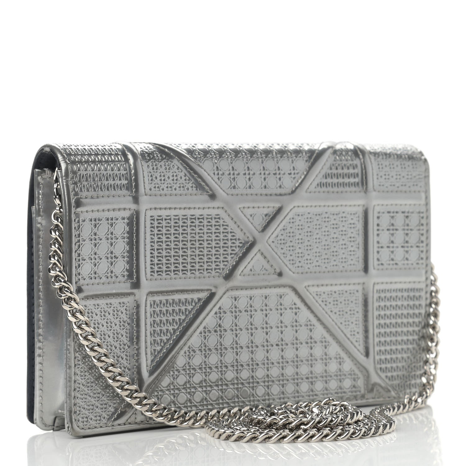 Christian Dior Metallic Patent Micro-Cannage Diorama Wallet on Chain Pouch Silver 2 of 12