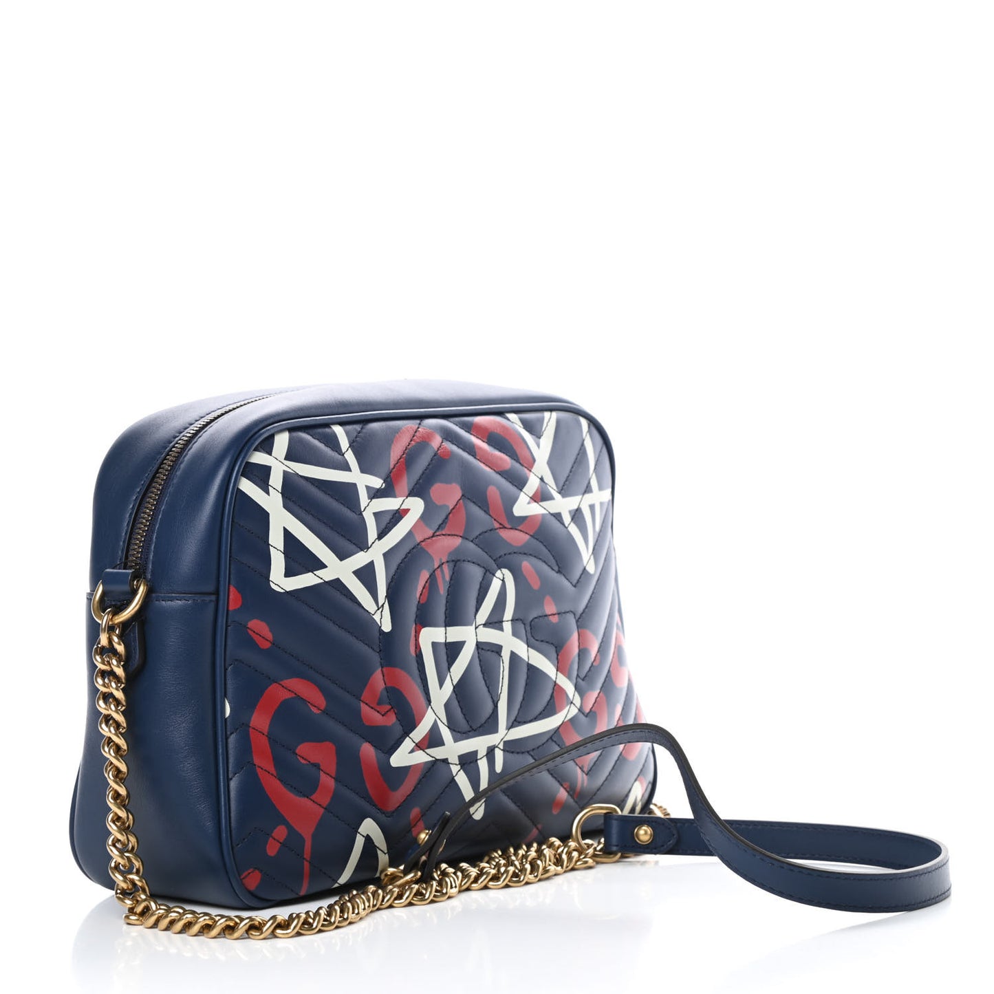 Calfskin Matelasse GucciGhost Medium GG Marmont Chain Shoulder Bag Blue Agata Hibiscus Red