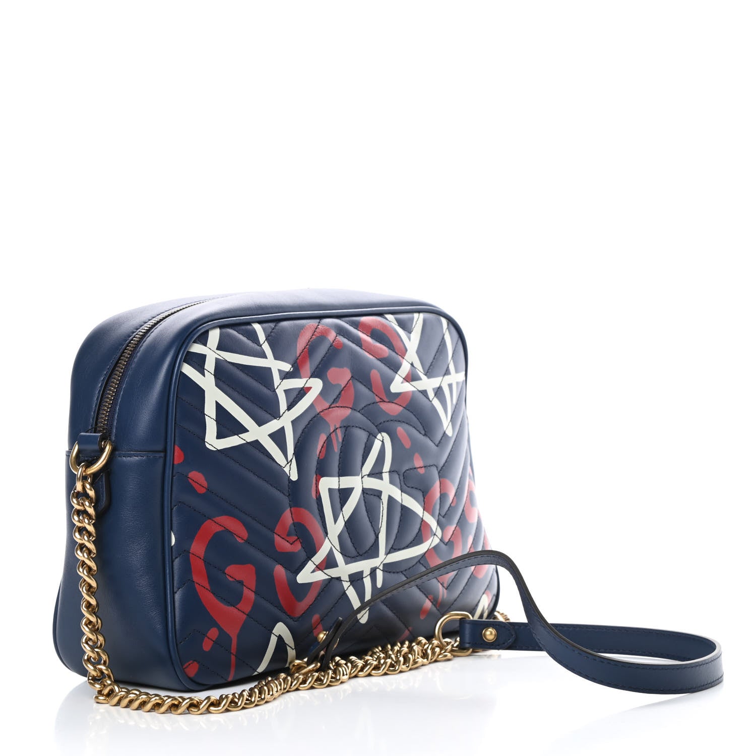 Gucci Calfskin Matelasse GucciGhost Medium GG Marmont Chain Shoulder Bag Blue Agata Hibiscus Red 3 of 14