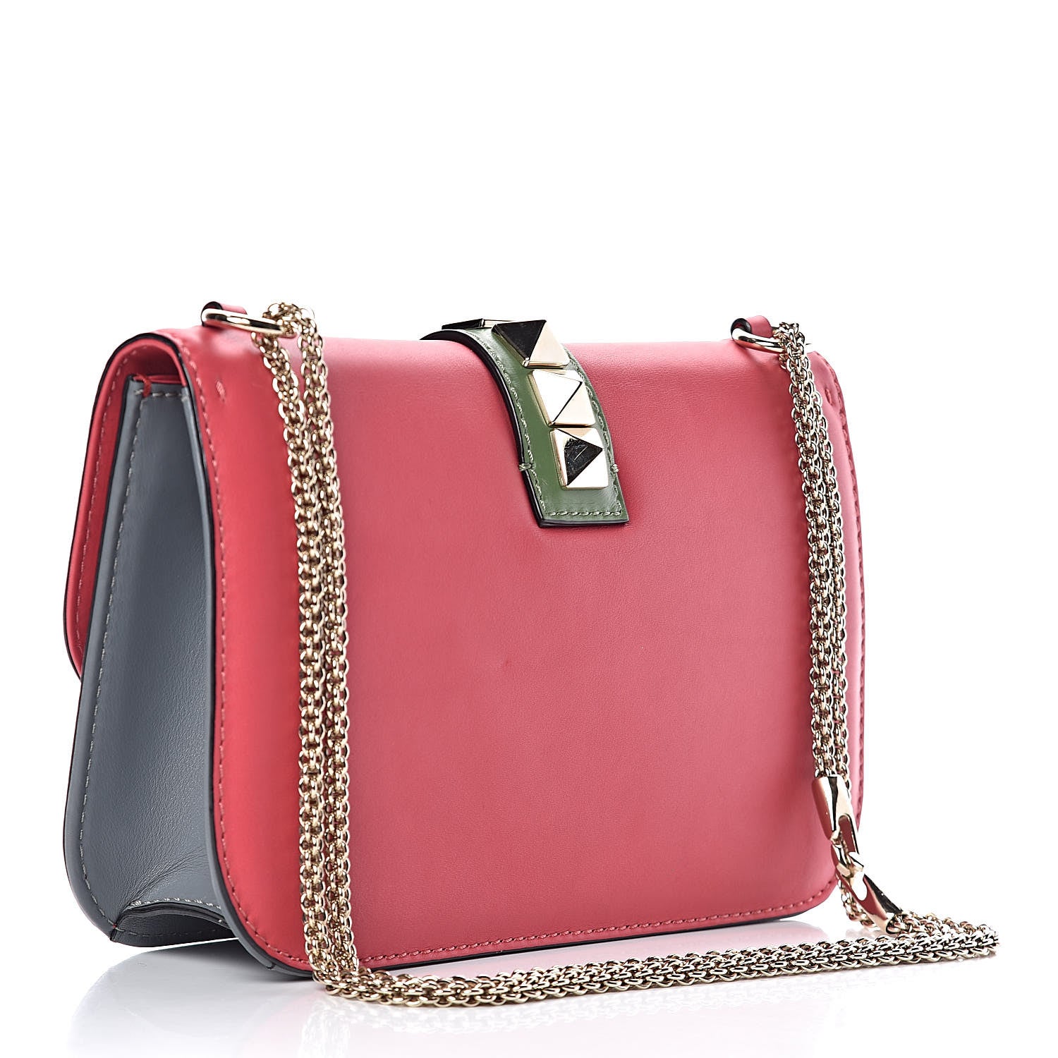 Valentino Garavani Vitello Medium Glam Lock Rockstud Flap Deep Rose Scarlet Grey Green 3 of 10