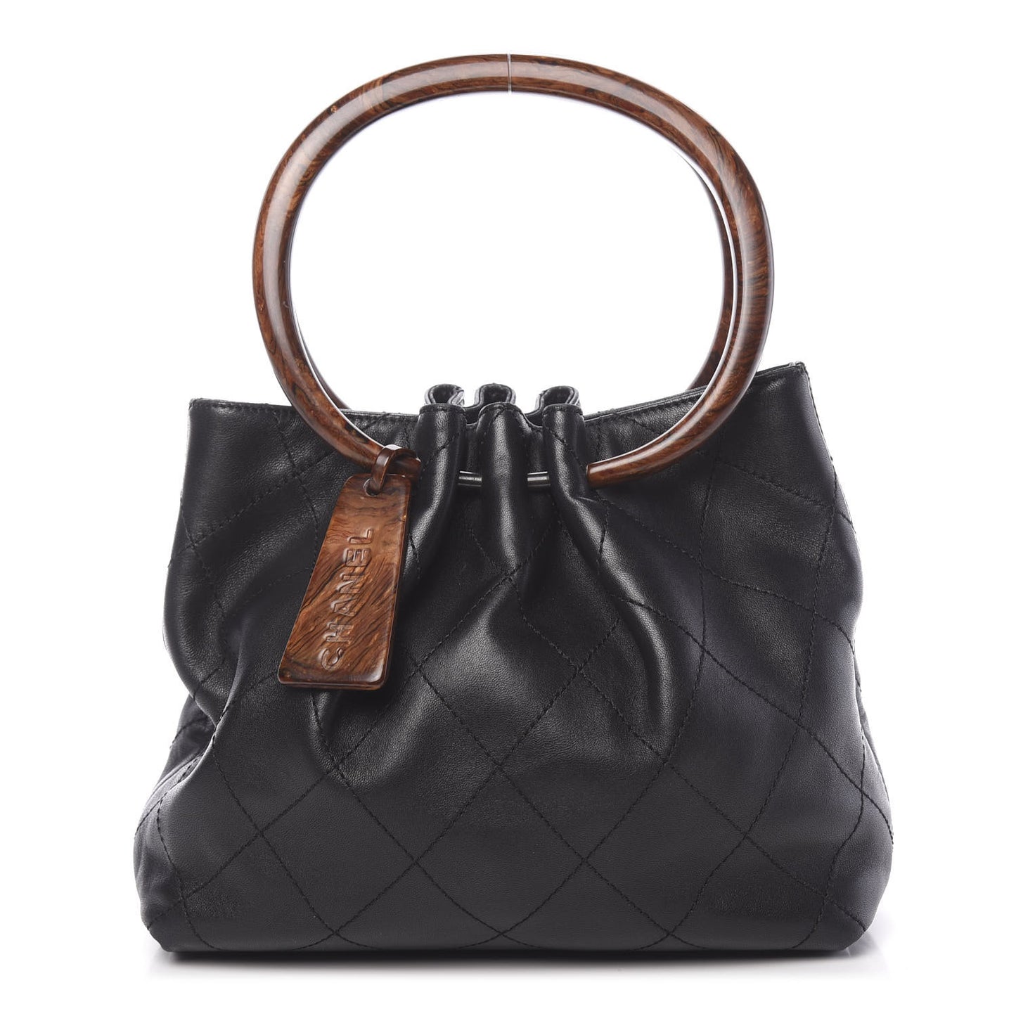 Lambskin Stitched Wood Handle Bag Black