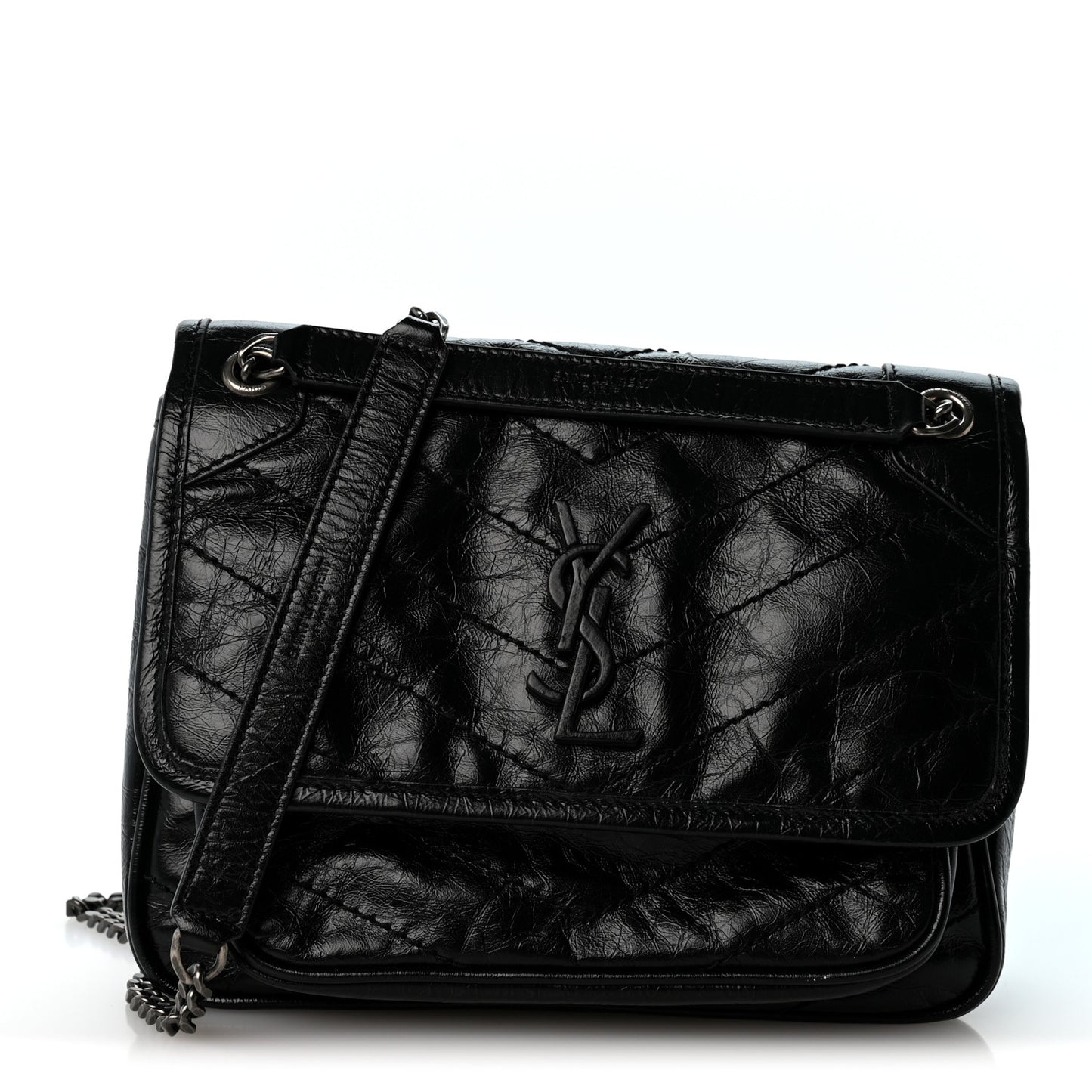Crinkled Calfskin Matelasse Monogram Baby Niki Chain Satchel Black