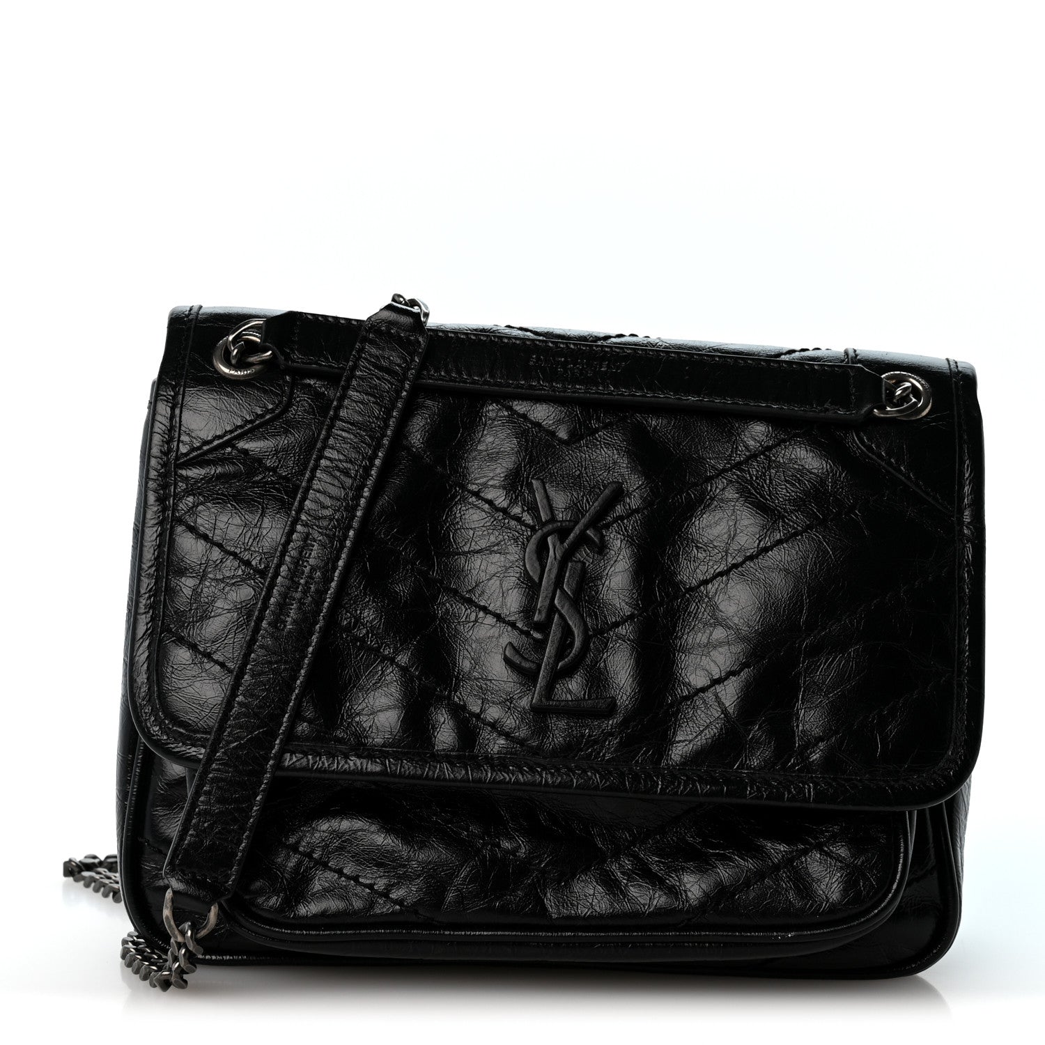 Saint Laurent Crinkled Calfskin Matelasse Monogram Baby Niki Chain Satchel Black 1 of 11