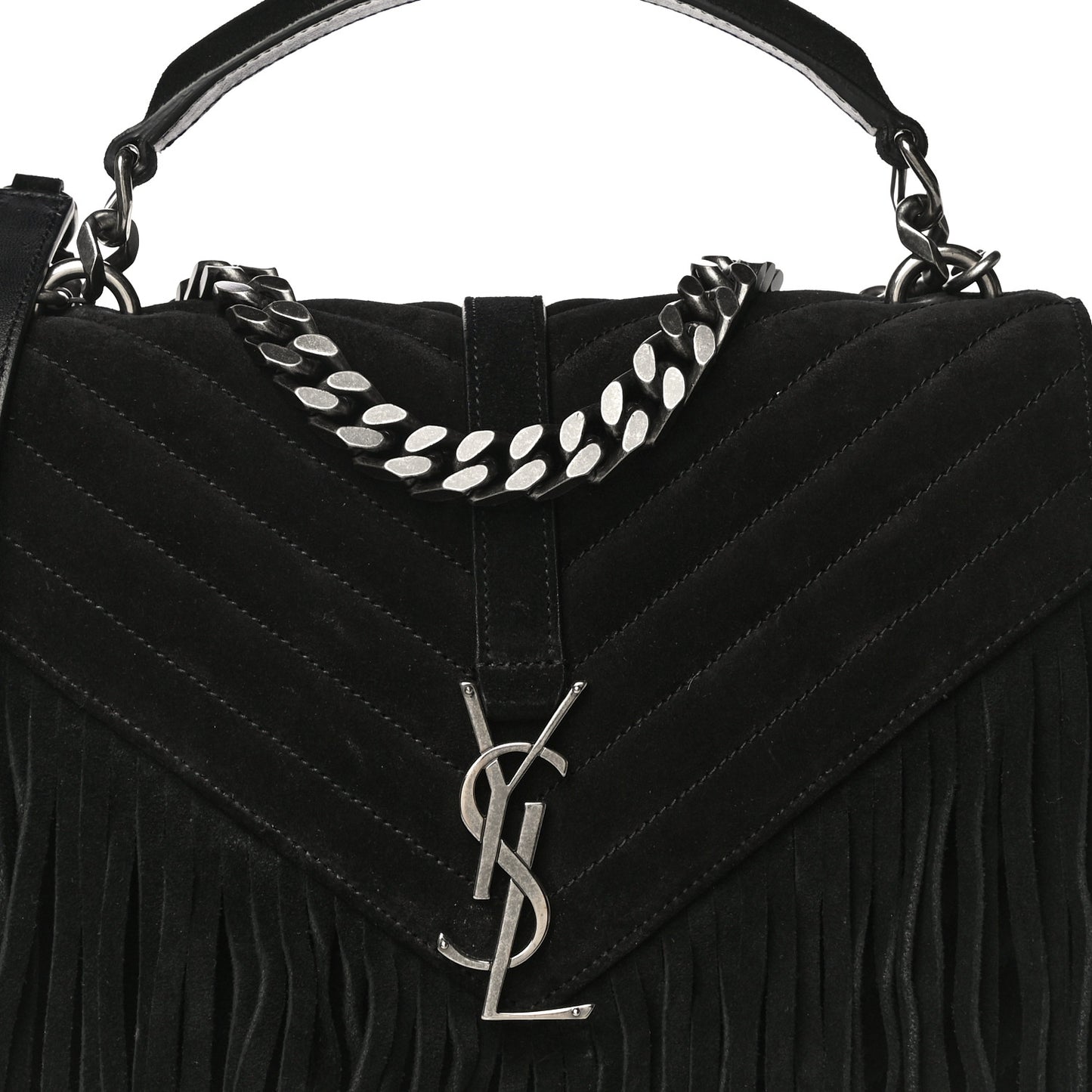 Suede Matelasse Chevron Fringe Monogram Medium College Bag Black