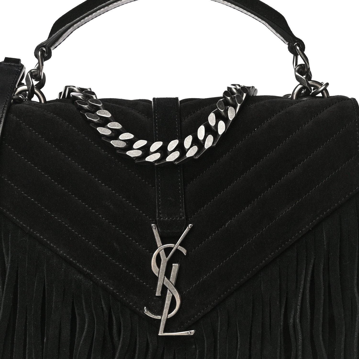 Saint Laurent Suede Matelasse Chevron Fringe Monogram Medium College Bag Black 8 of 15