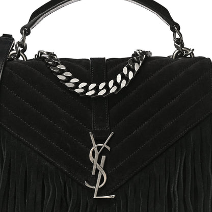 Saint Laurent Suede Matelasse Chevron Fringe Monogram Medium College Bag Black 8 of 15