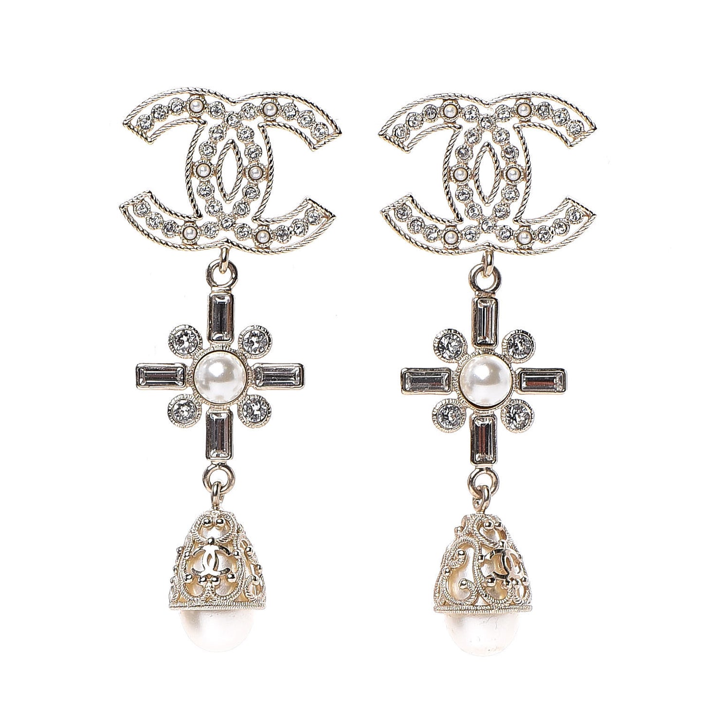 Crystal Pearl CC Drop Earrings Gold