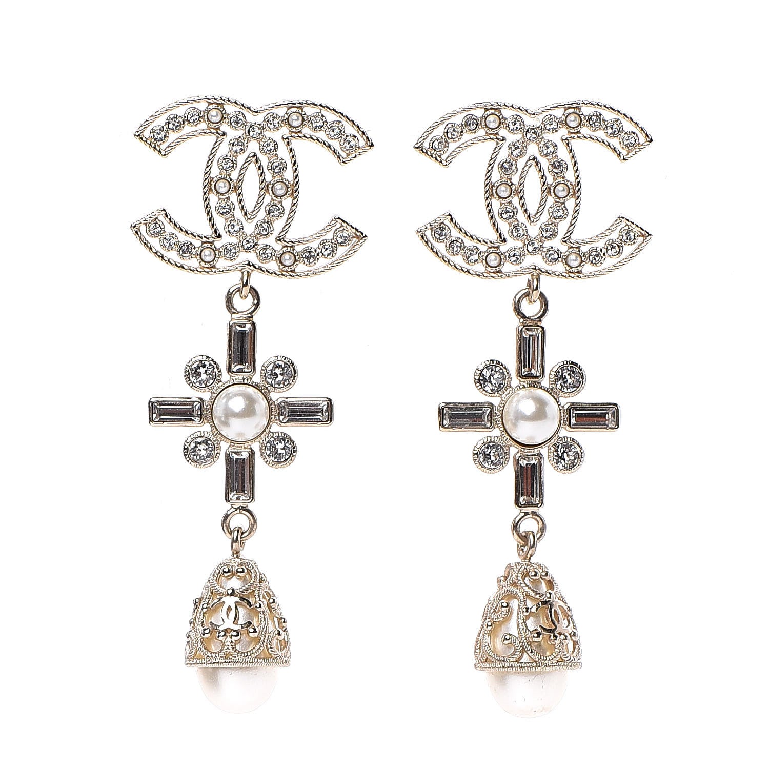 Chanel Crystal Pearl CC Drop Earrings Gold 1 of 4