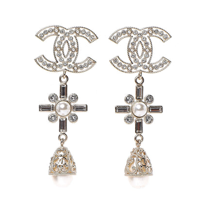 Chanel Crystal Pearl CC Drop Earrings Gold 1 of 4