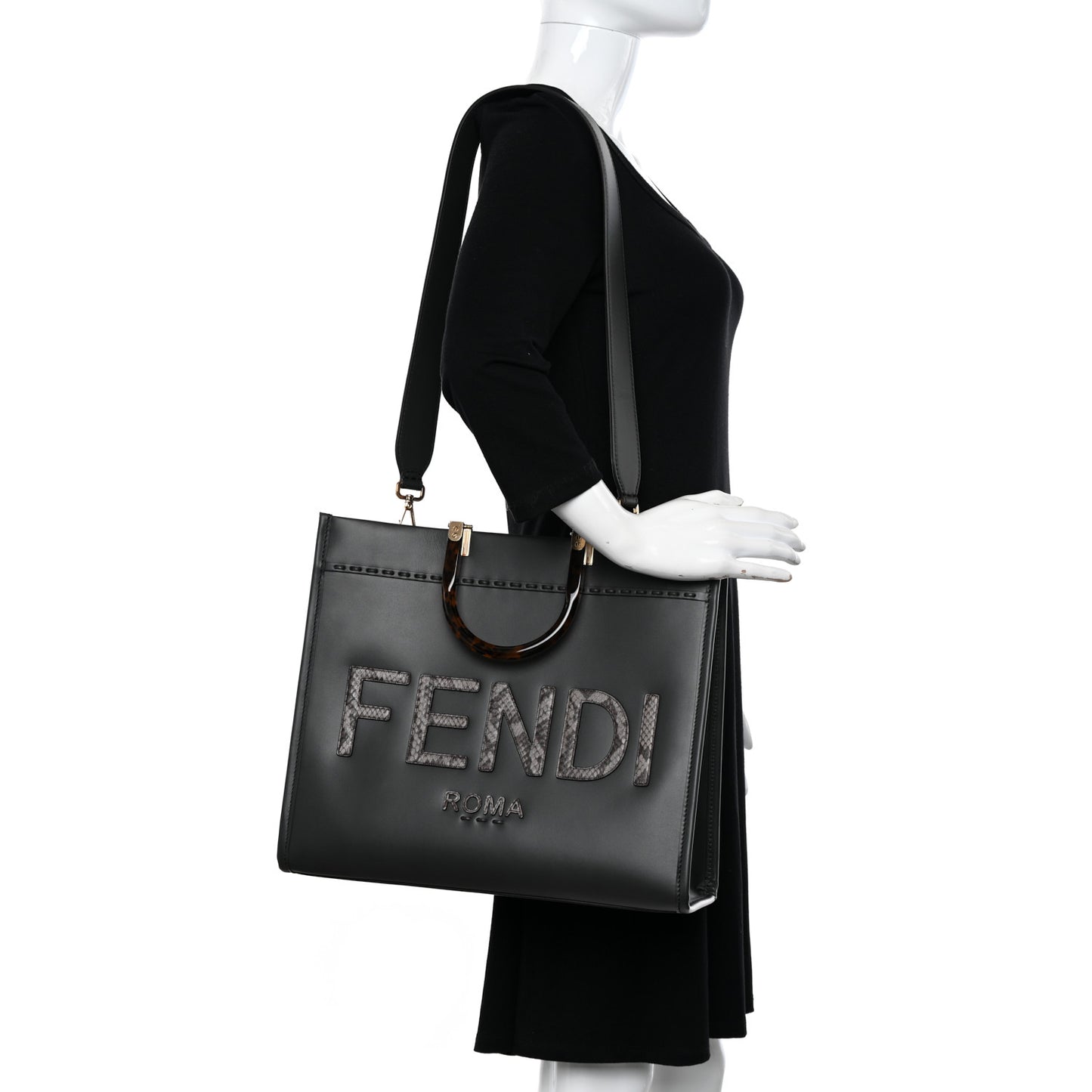 Vitello King Plexiglass Elaphe Python Print Logo Medium Fendi Sunshine Shopper Tote Dark Asphalt