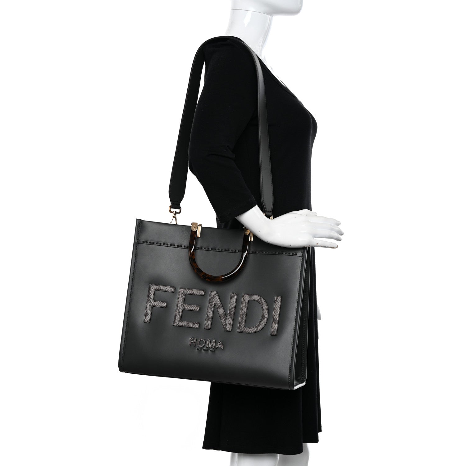 Fendi Vitello King Plexiglass Elaphe Python Print Logo Medium Fendi Sunshine Shopper Tote Dark Asphalt 2 of 10