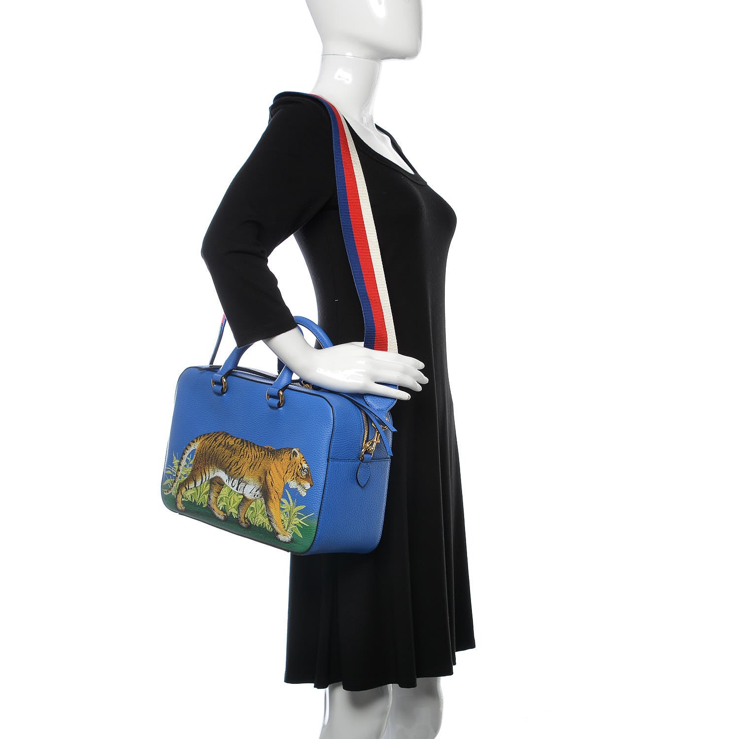 Gucci Calfskin Sylvie Web Tiger Print Top Handle Shoulder Bag Multicolor Dark Sky 2 of 8
