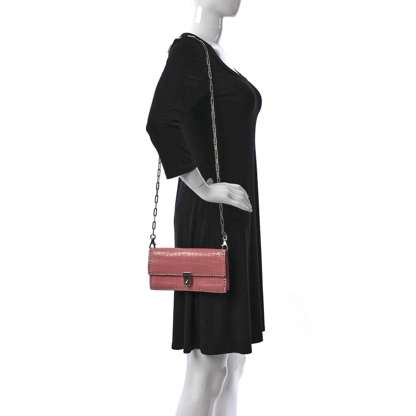 Calfskin Alligator Embossed Rockstud Wallet On Chain Paradise Rose