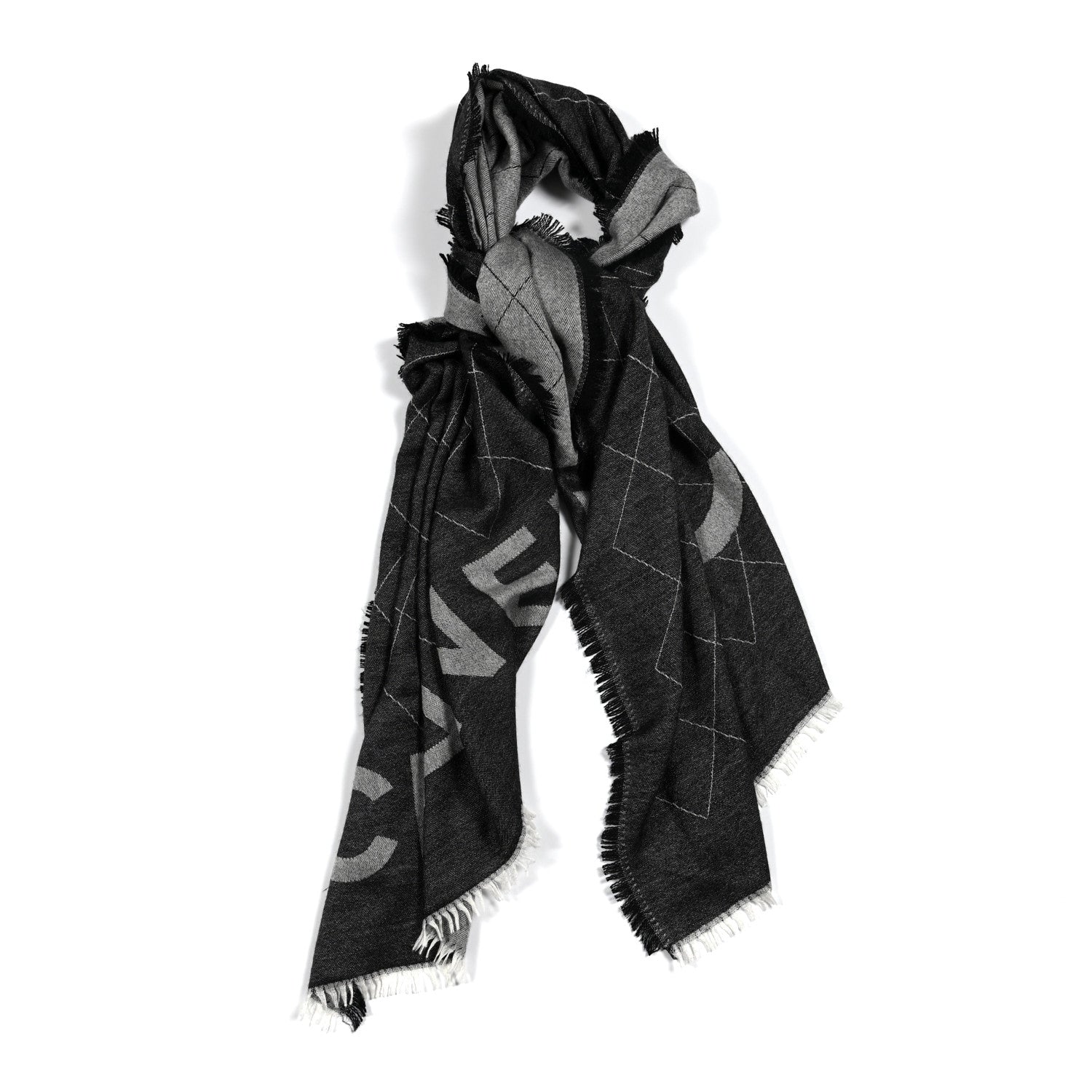 Chanel Cashmere Silk Quilted CC Logo Stole Black White 1 of 4