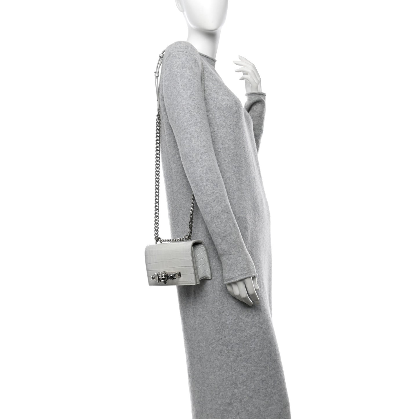 Calfskin Shiny Crocodile Embossed Mini Ombrè Jeweled Satchel Ivory Grey