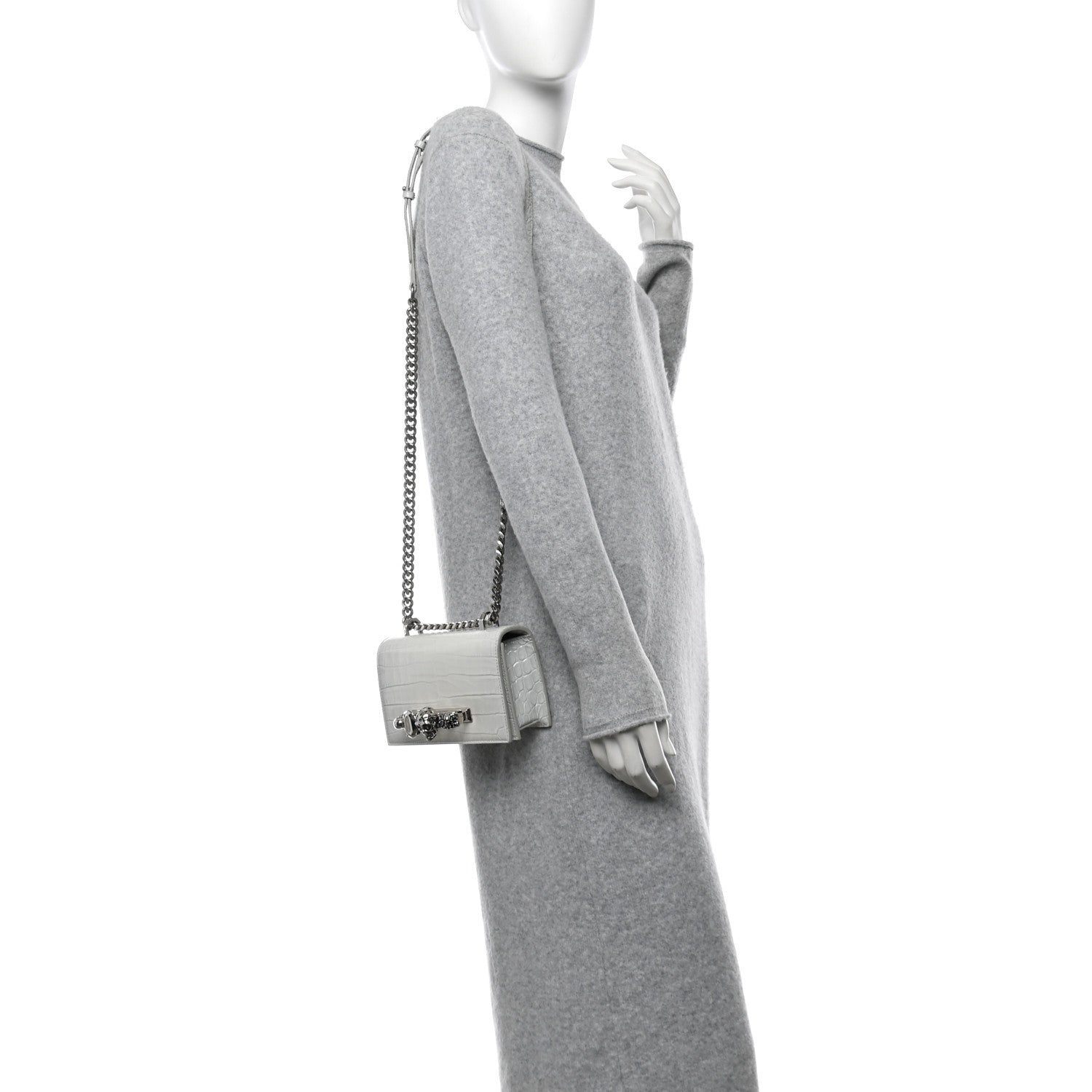 Alexander McQueen Calfskin Shiny Crocodile Embossed Mini Ombrè Jeweled Satchel Ivory Grey 2 of 12