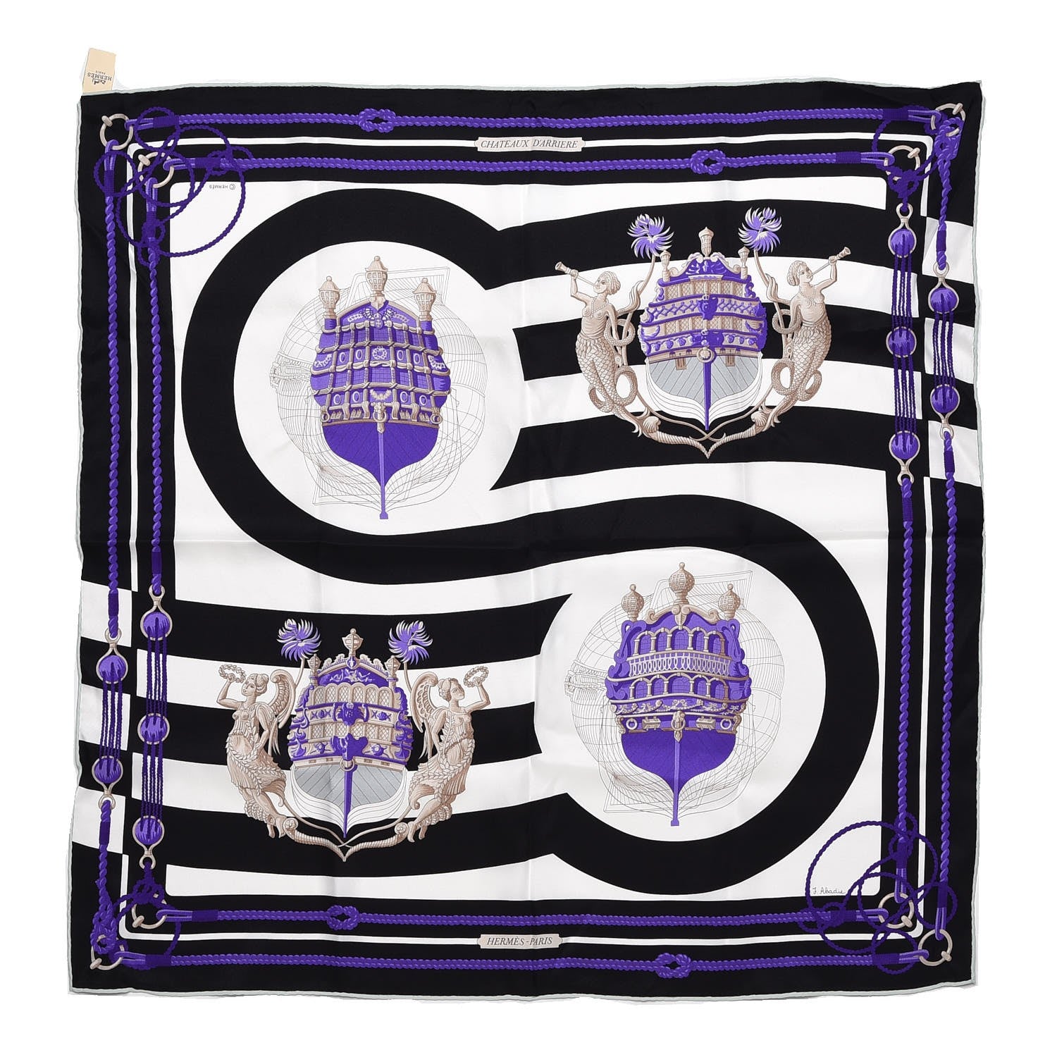 Hermes Silk Chateaux D' Arriere Scarf 70 Noir Blanc Violine 1 of 4