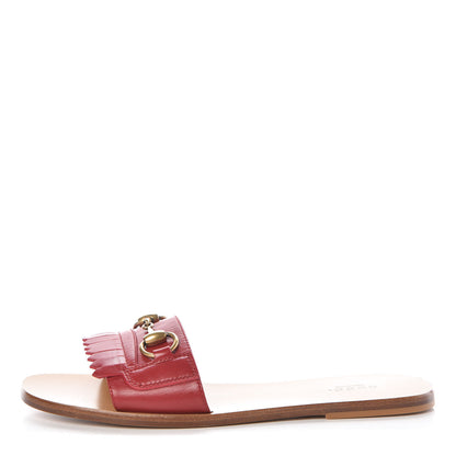 Gucci Malaga Kid Fringe Horsebit Slide Sandals 38 Hibiscus Red 1 of 7