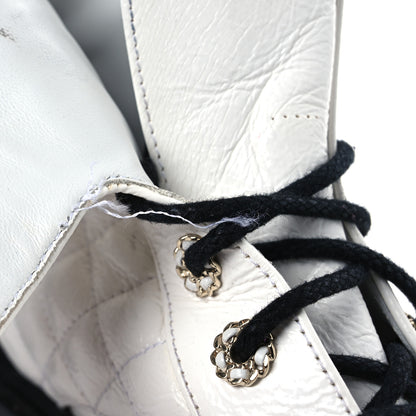 Chanel Shiny Goatskin Calfskin Quilted Lace Up Combat Boots 41.5 White Black 11 of 15