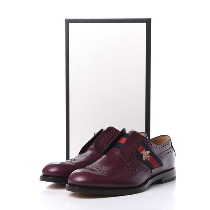 Gucci Calfskin Web Bee Embroidered Mens Slip-On Brogue Wingtip Derby Shoes 9 Bordeaux 13 of 13