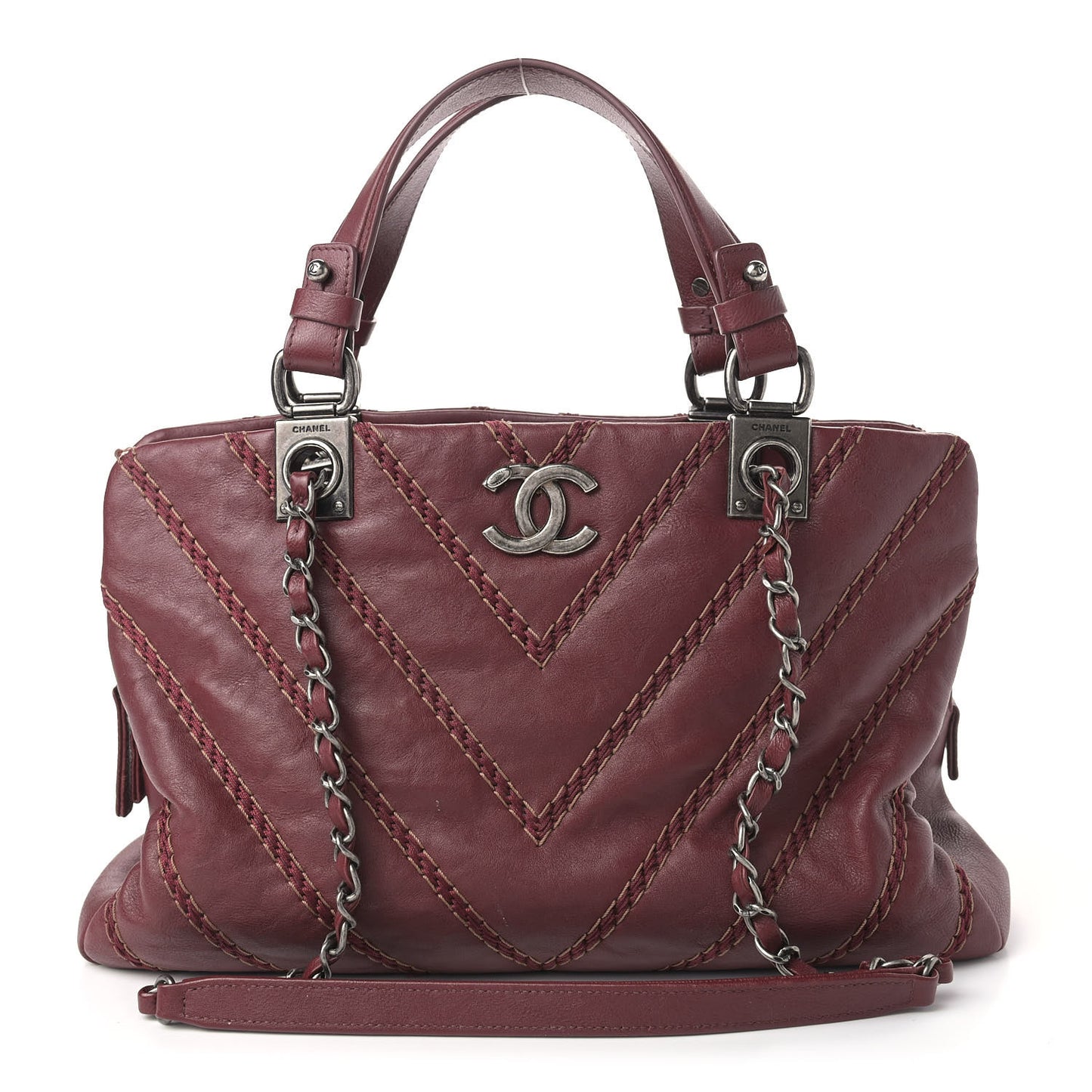 Calfskin Chevron Stitched Shopping Bag Dark Red