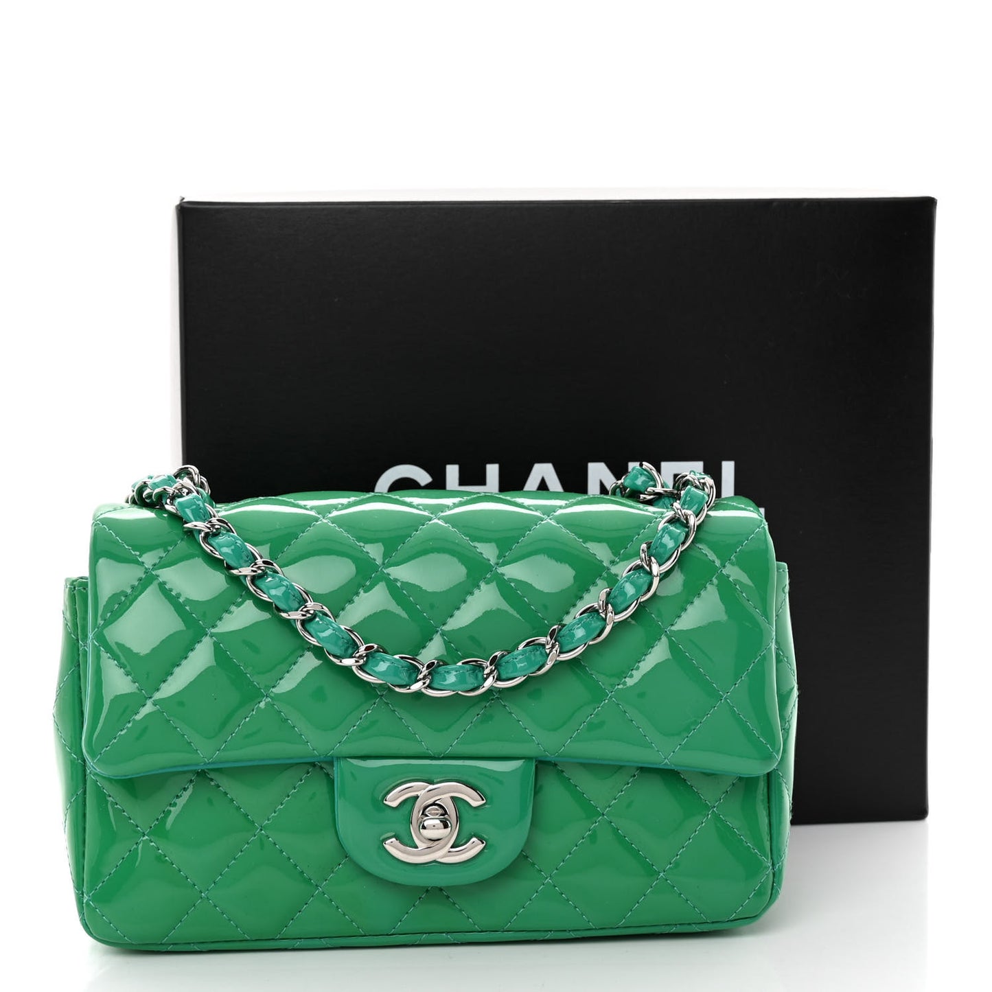 Patent Calfskin Quilted Mini Rectangular Flap Green