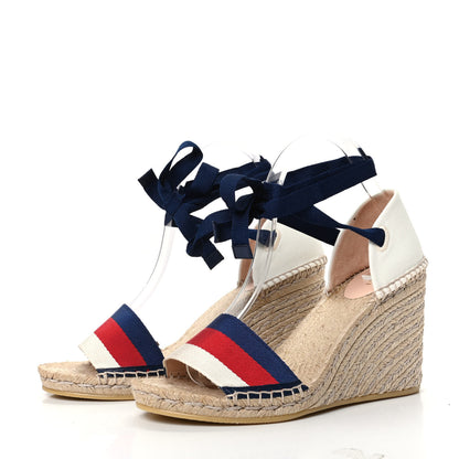 Gucci Canvas Sylvie Web Ankle Wrap Espadrille Wedge Sandals 40 Mystic White Hibiscus Red Maritime 3 of 8