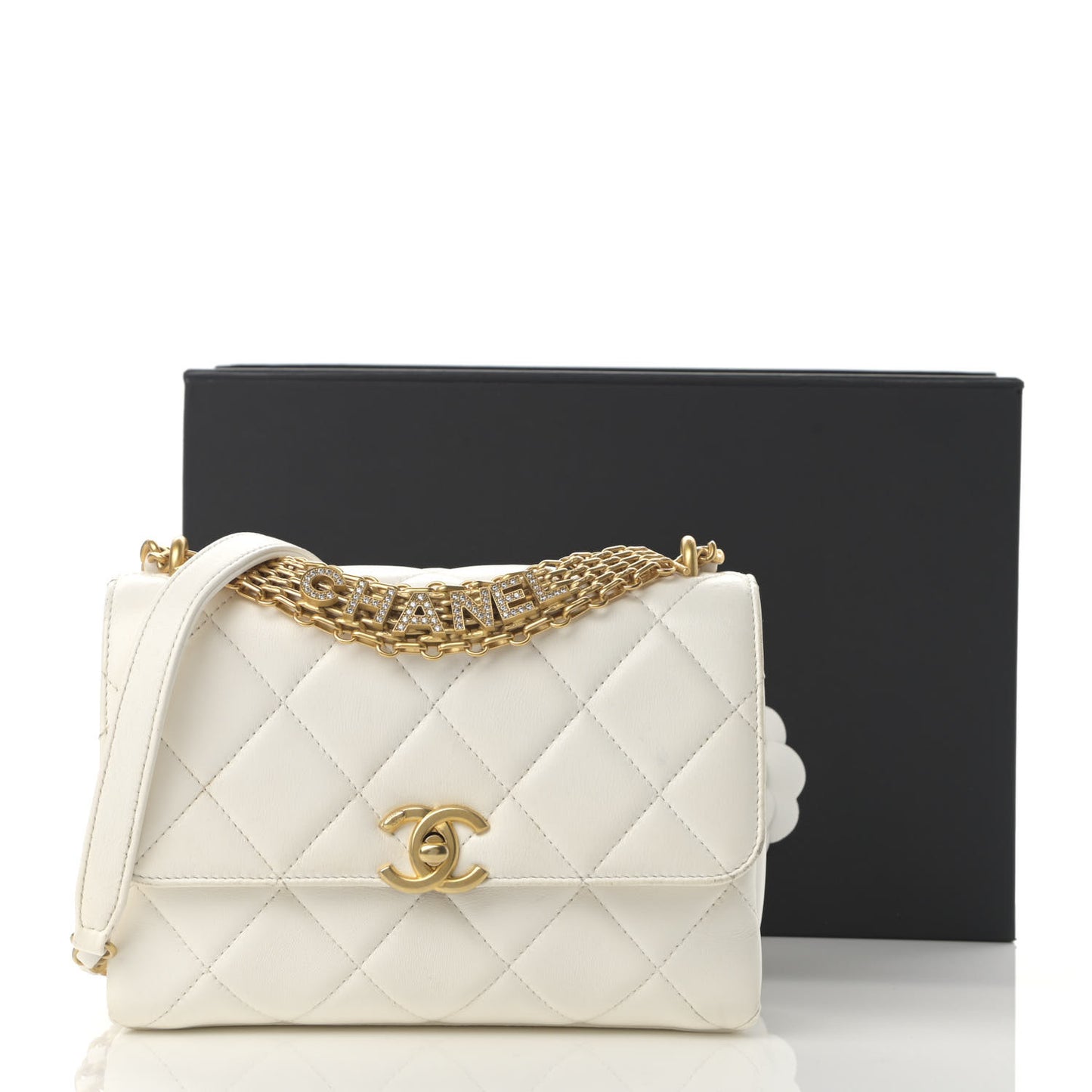 Lambskin Quilted Small CC Crystal Logo Chain Flap White