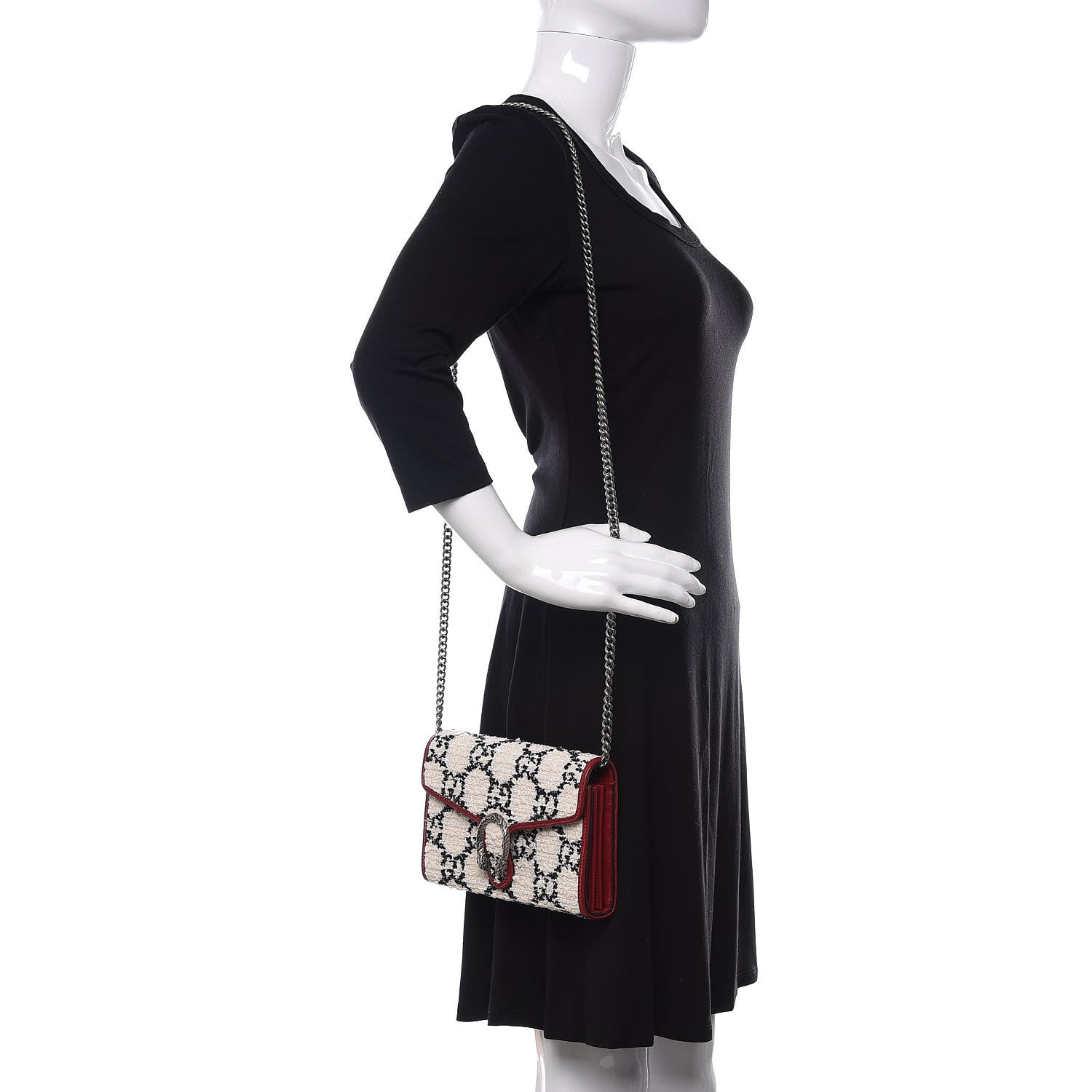 Gucci Tweed GG Monogram Mini Dionysus Chain Wallet White Black Romantic Cherry 2 of 10