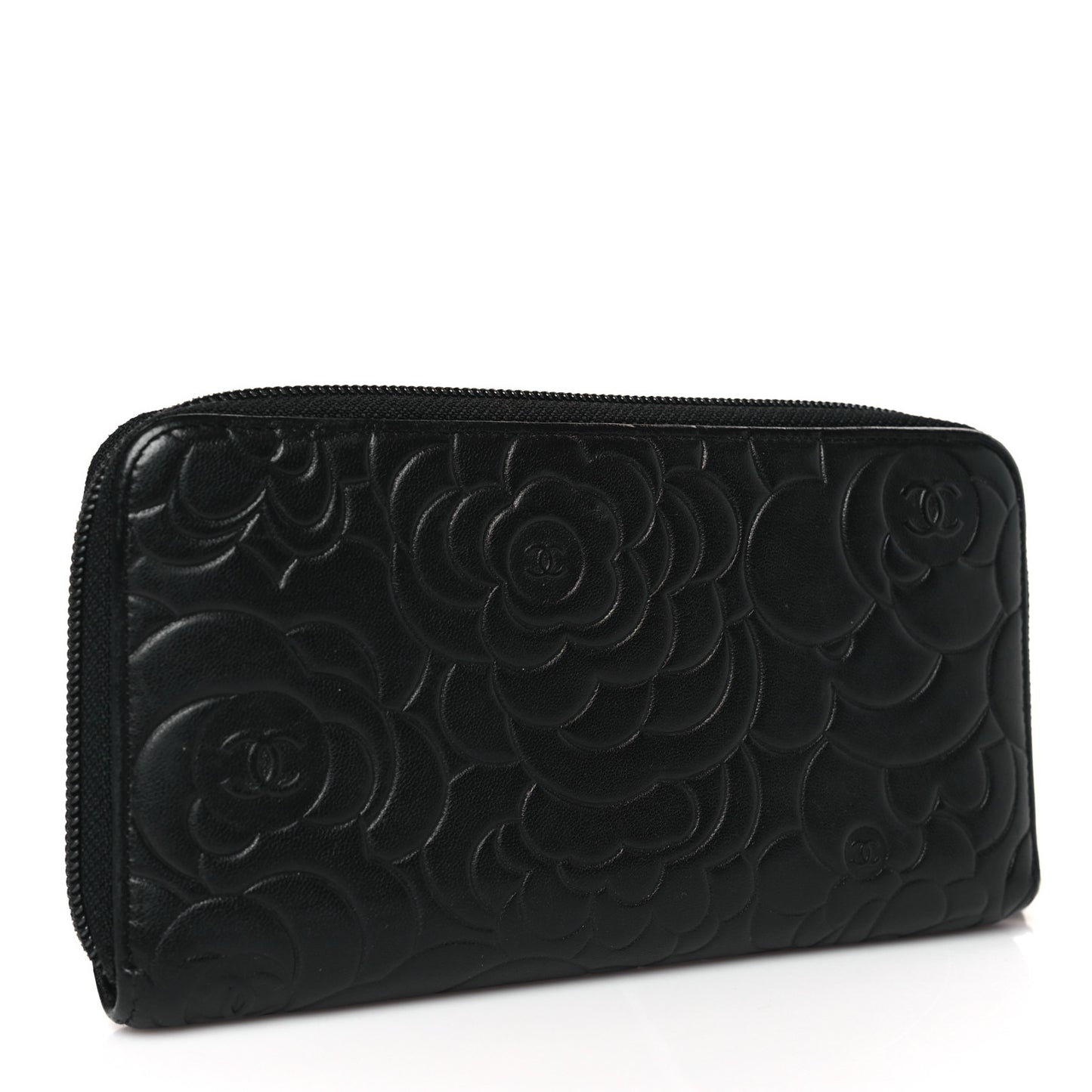 Lambskin Camellia Embossed Large Zip Around Gusset Wallet Black