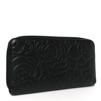 Chanel Lambskin Camellia Embossed Large Zip Around Gusset Wallet Black 3 of 8