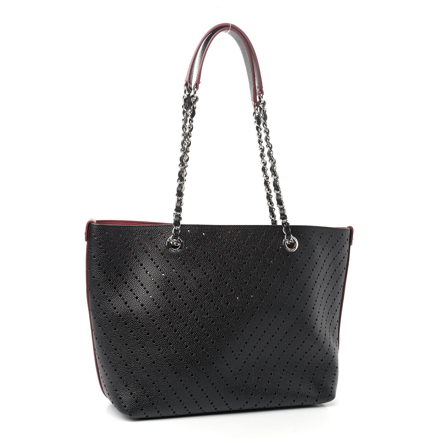 Perforated Grained Calfskin Large Shopping Tote Black