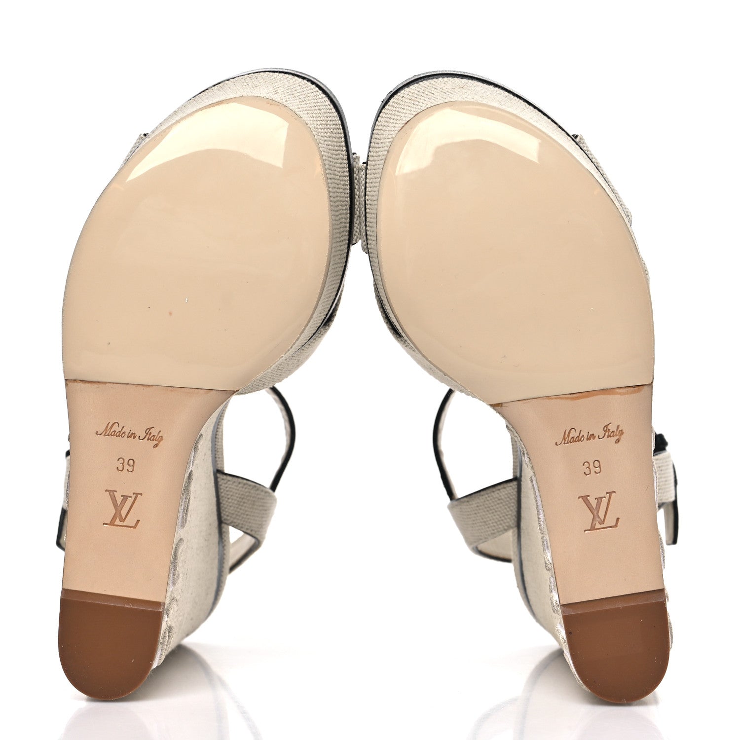 Louis Vuitton Calfskin Canvas Wedge Sandals 38 Beige Black 6 of 8