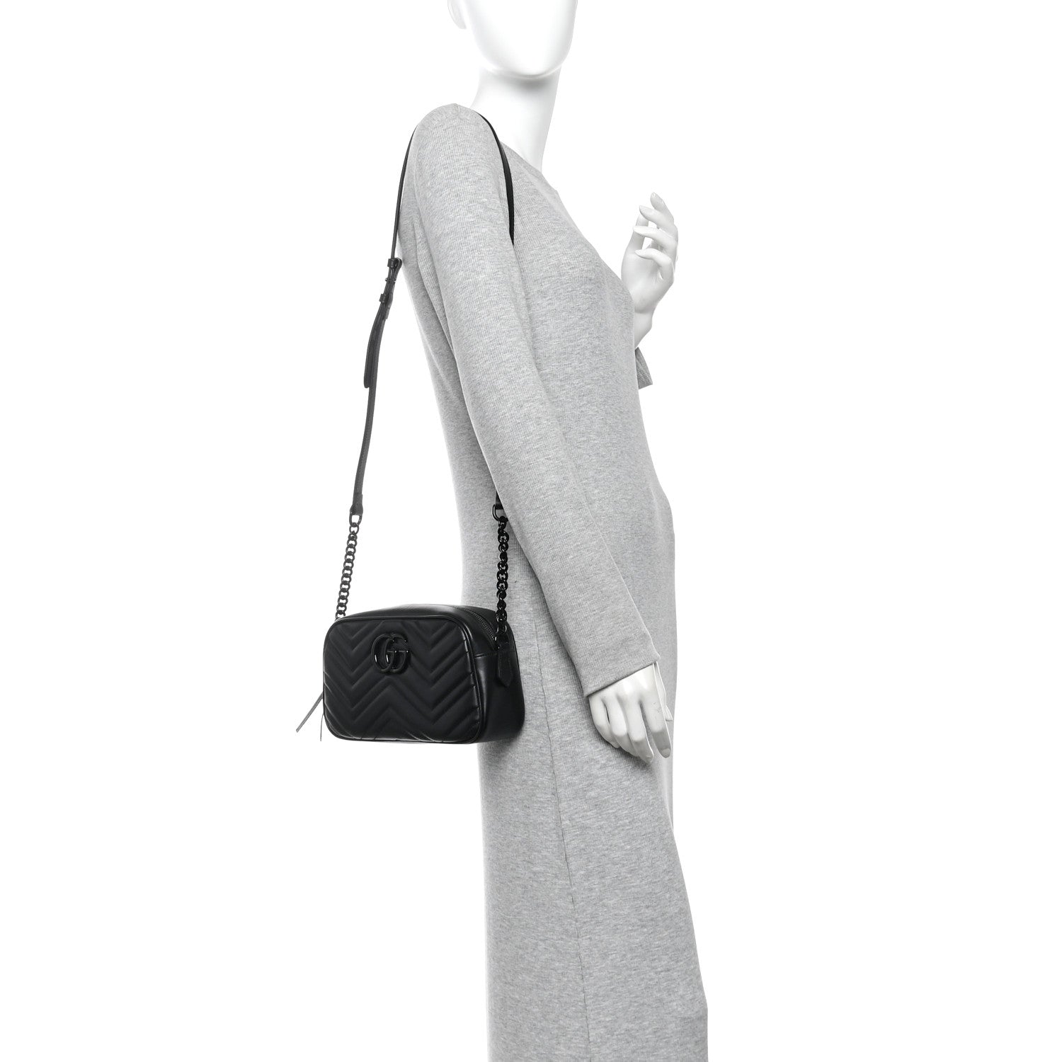 Gucci Calfskin Matelasse Monochrome Small GG Marmont Chain Shoulder Bag Black 2 of 10