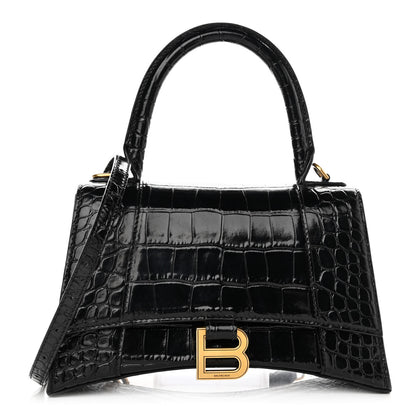 Balenciaga Shiny Calfskin Crocodile Embossed Small Hourglass Top Handle Bag Black 1 of 10