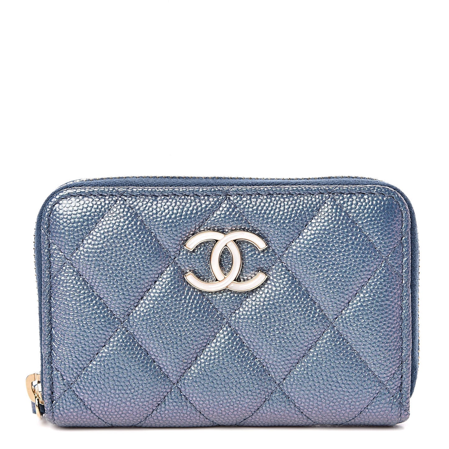 Iridescent Caviar Quilted Zip Coin Purse Blue